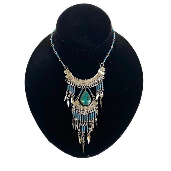 Vintage Boho Turquoise Beaded Necklace Layered Silver Fringe Peruvian 70s Hippie - Picture 2 of 12